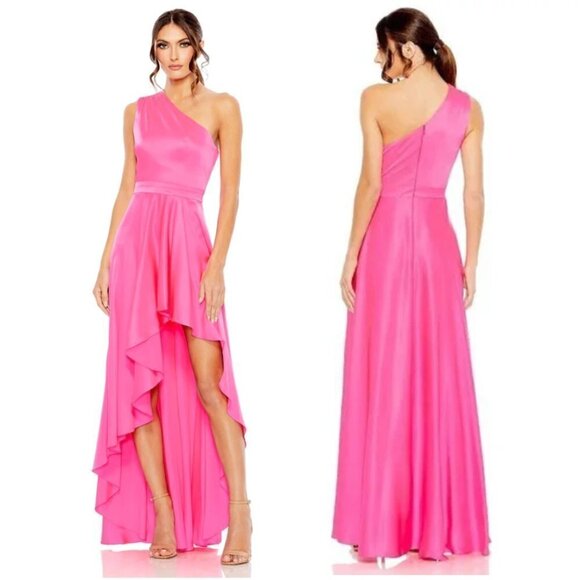 MAC DUGGAL One-Shoulder High-Low Satin Gown in Hot Pink Size Large - Picture 1 of 8